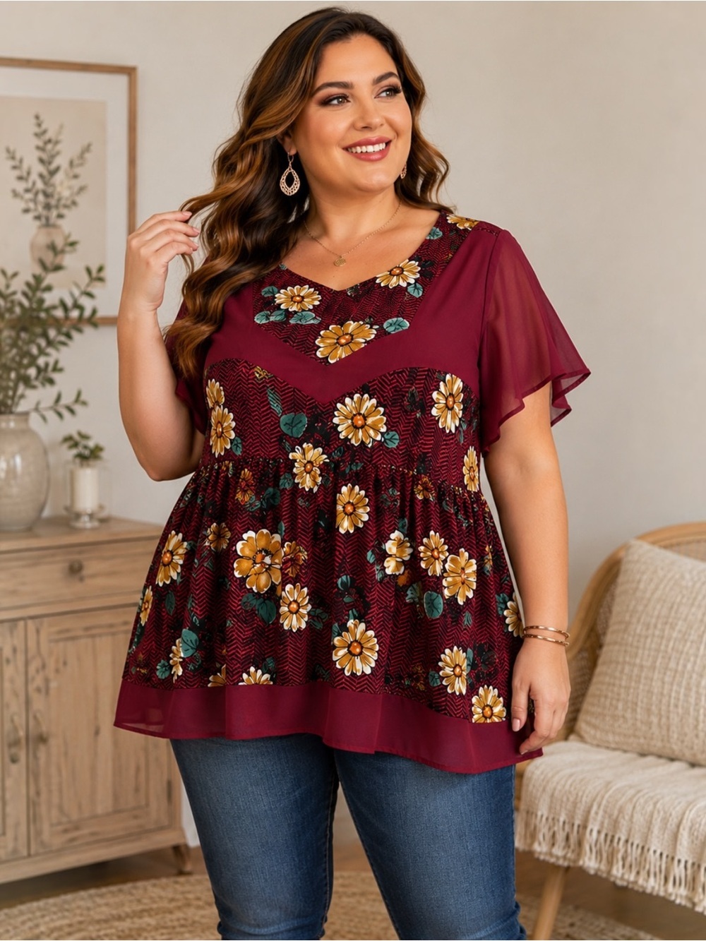 Rosegal 2X Burgundy Floral Chiffon Flutter Sleeve Tunic Blouse Plus Size